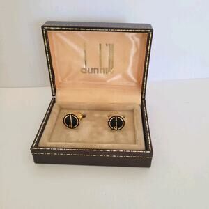 Dunhill D Cufflinks Gold Black Tone Logo Round Designer Logo Vintage Retro Box